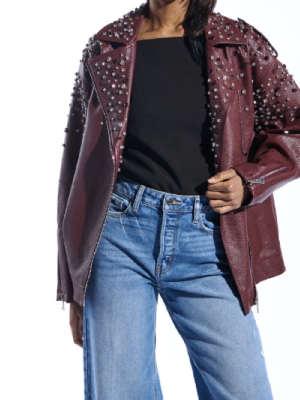 Studded Burgundy Leather Jacket for Women